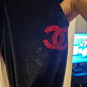 CHANEL Black Velvet Trousers with Red Emblem